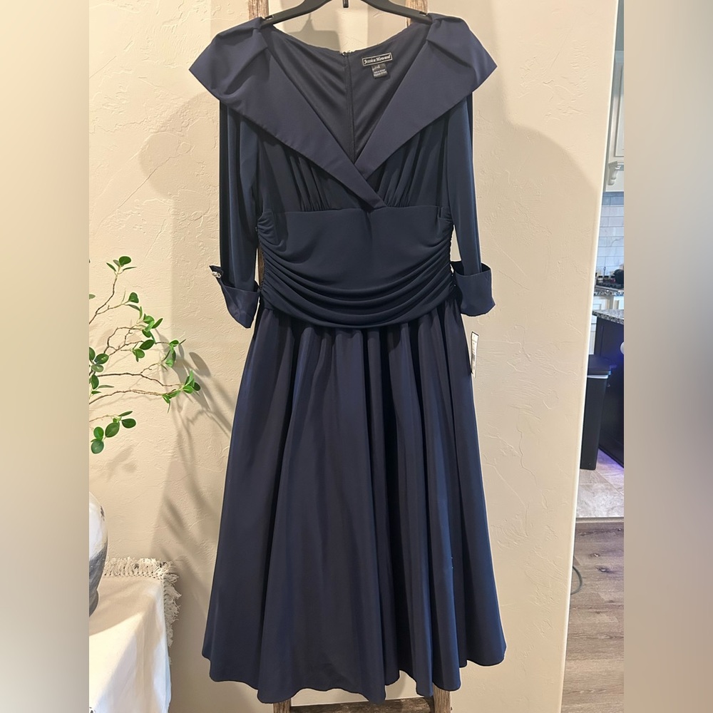 Jessica Howard Dark Navy Long Sleeve Draped Fit-and-Flare Dress